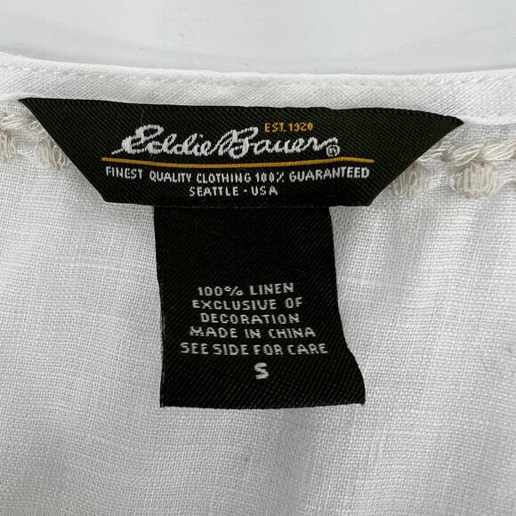 Eddie Bauer 100% Linen Tunic Top Womens Small White Tan Embroidered 3/4 Sleeve - Picture 9 of 11
